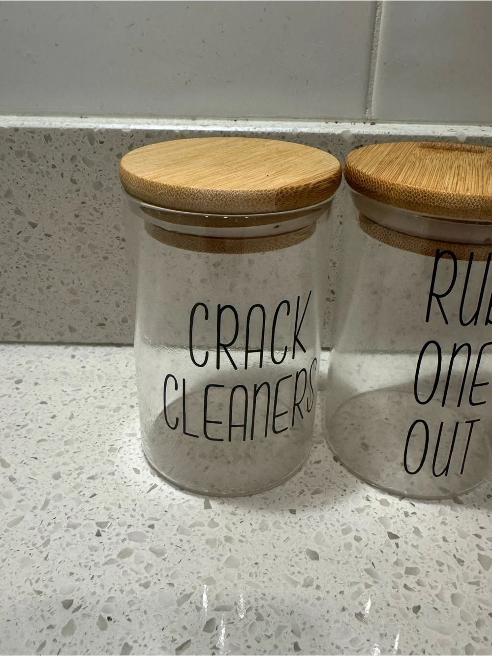 Bathroom Vanity Glass Storage Containers Funny Titles with Bamboo Lids for Cotto